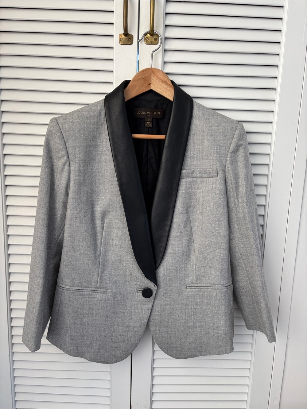Louis Vuitton Light Gray Blazer with Black leather Shawl Lapel